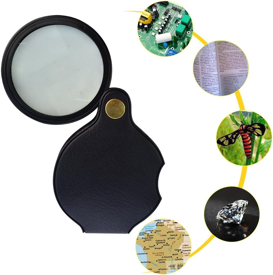 Mini Pocket Magnifying Glass Folding Loupe with Leather Pouch (Black) 60mm Q2134