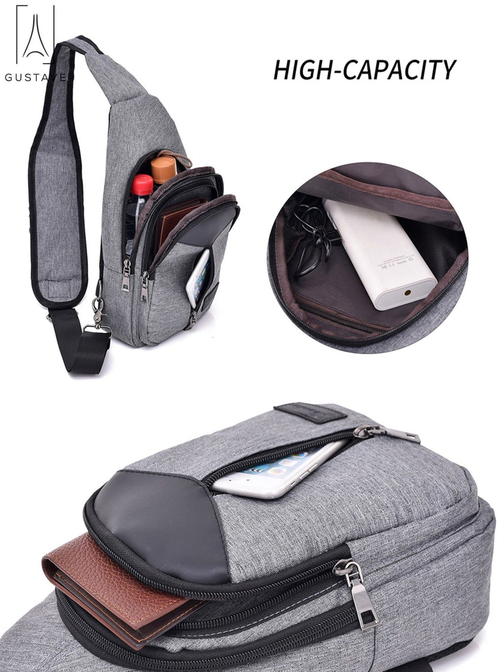 Black Nylon Chest Sling Bag with USB Charge Port T502678