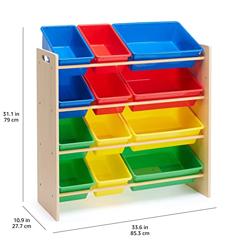 White Wood Kids Toy Storage Organizer with 12 Plastic Pink Bins E89362