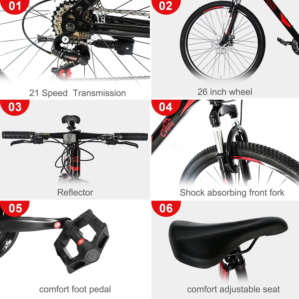 21 Speed 26" Wheel Steel Frame Mountain Bike, Black/Red G83002