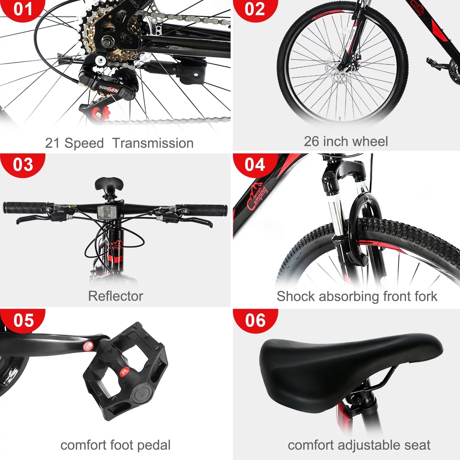21 Speed 26" Wheel Steel Frame Mountain Bike, Black/Red G83002