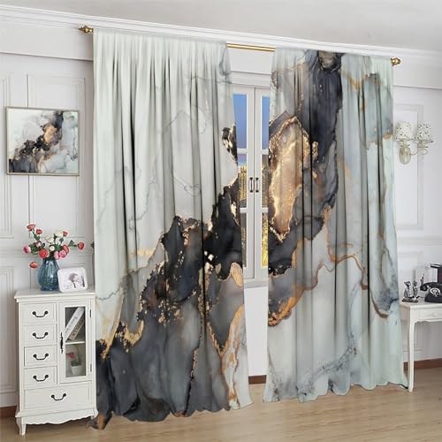 Navy Blue Gold Geometric Marble Curtains, 42x45 Inches Set 2 Panels Q53609