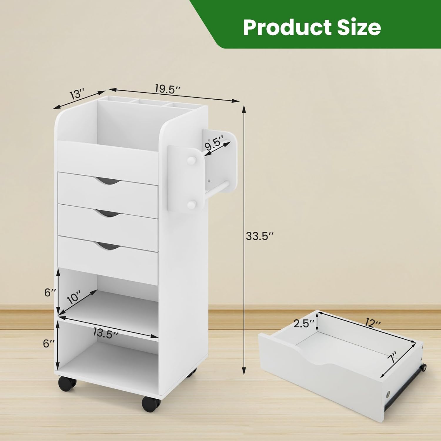 Rolling Storage Drawer Cart with 3 Drawers, 2 Open Shelves, Lockable Casters M228192