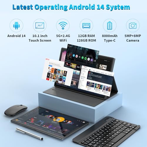 10 inch Android 14 Tablet with Keyboard, 12GB RAM 128GB ROM, Black Y31609