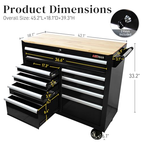 Black 9-Drawer Rolling Tool Chest with Wood Top Q91470