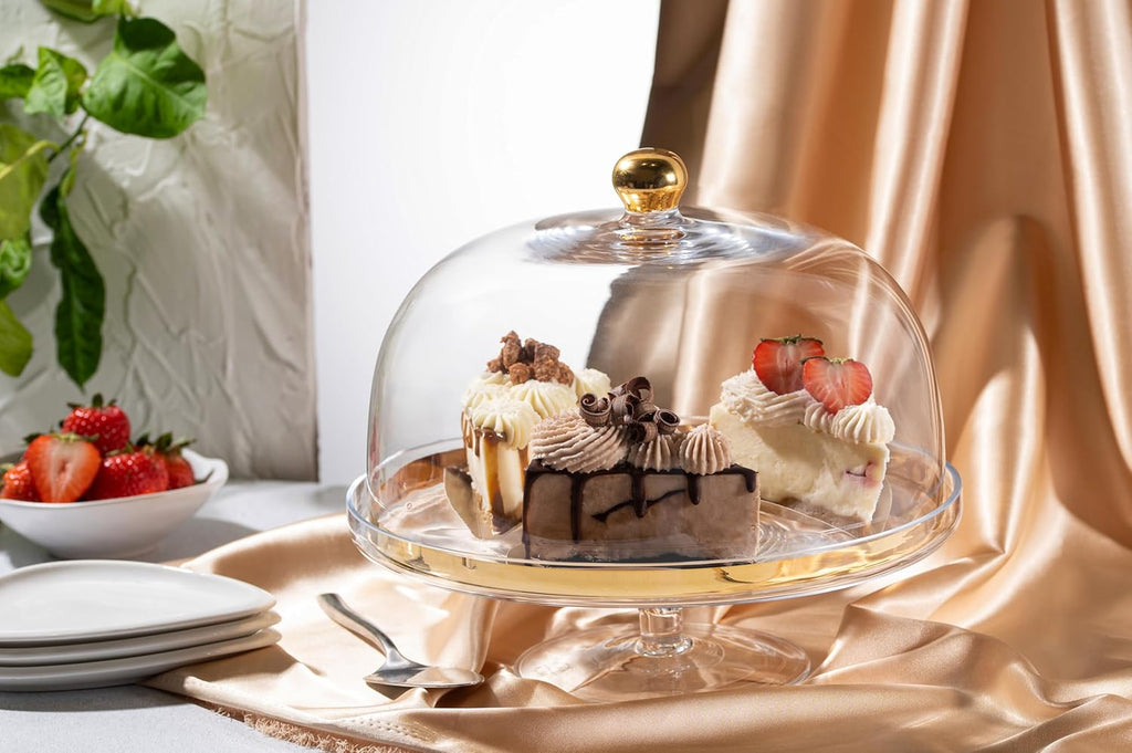 Glass Cake Stand with Dome Gold Rim Gold Knob 11.75" Diameter X108