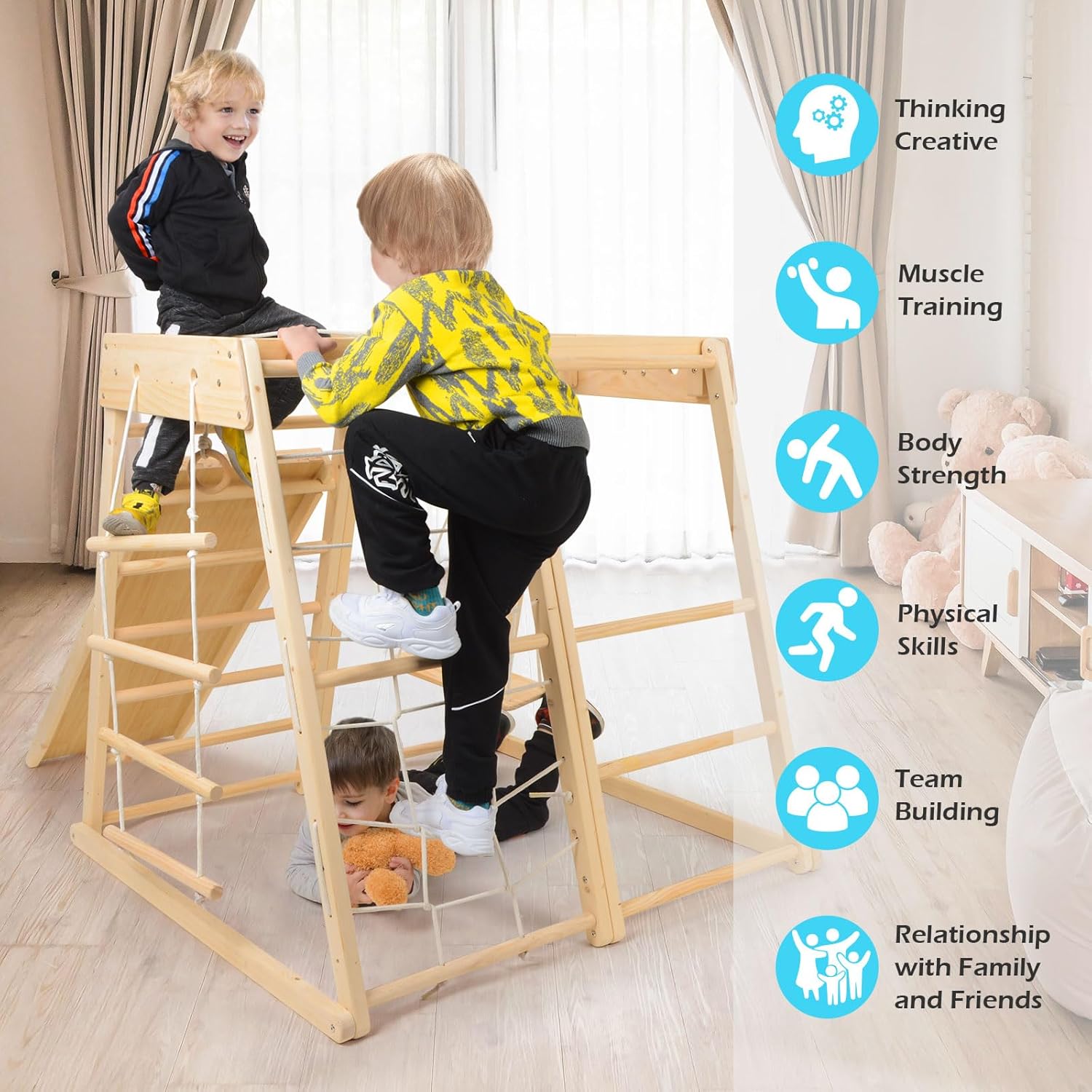 Wood Playset 9-in-1 with Slide, Basketball, Swing, Jungle Gym, Swedish Ladder, Monkey Bars, Rope Ladder, Rock Wall Dome Q7352