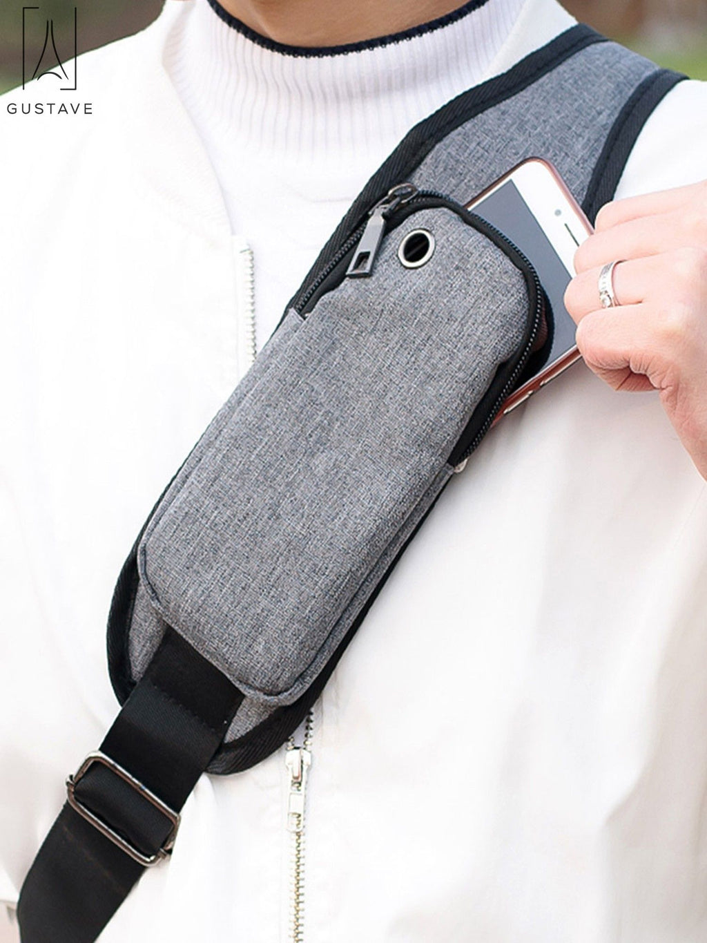 Black Nylon Chest Sling Bag with USB Charge Port T502678
