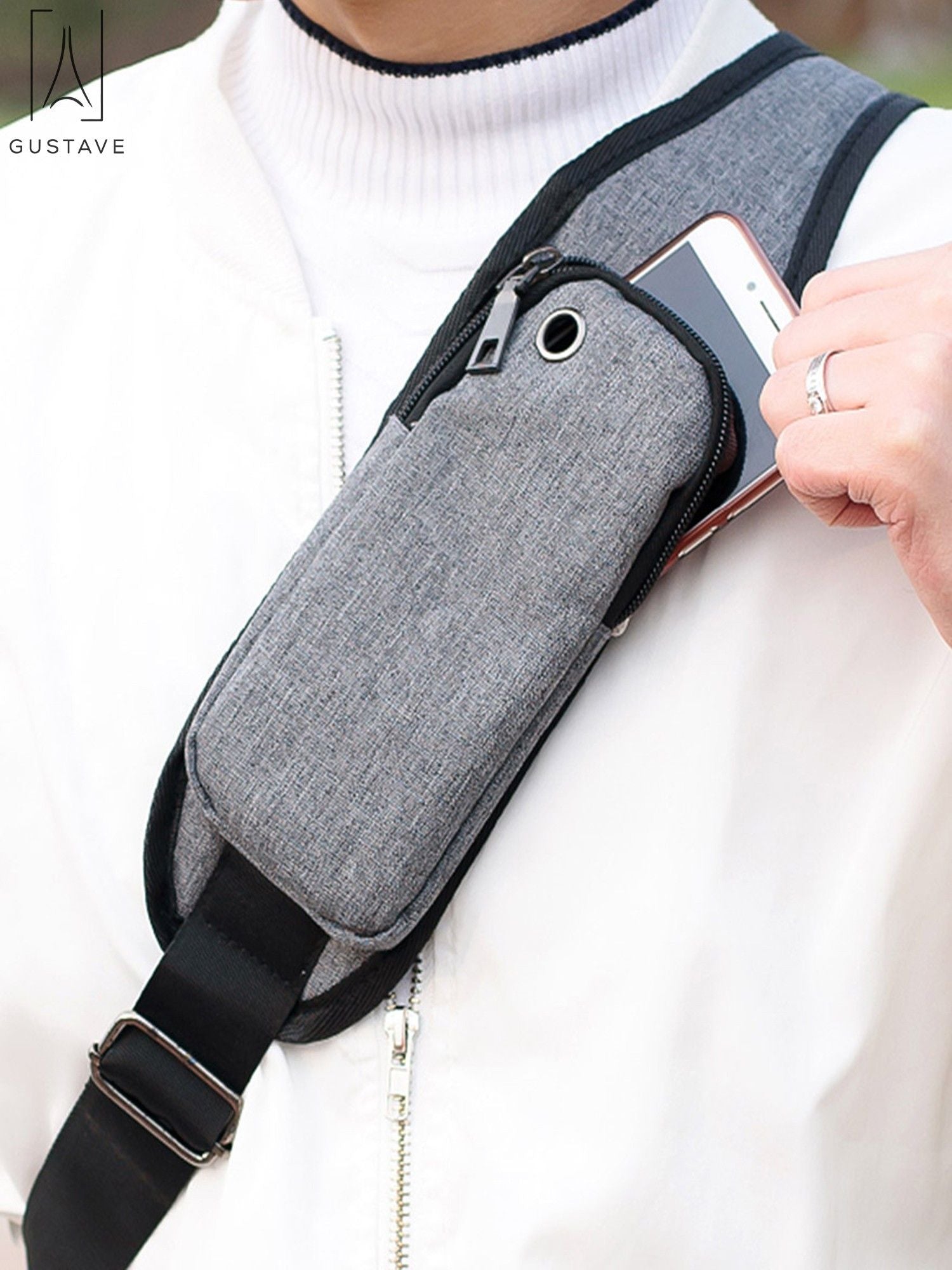 Black Nylon Chest Sling Bag with USB Charge Port T502678
