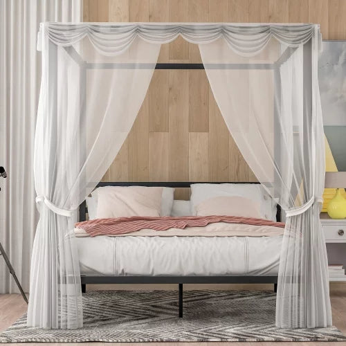 Black Metal Queen Canopy Bed Frame with Headboard Q2932
