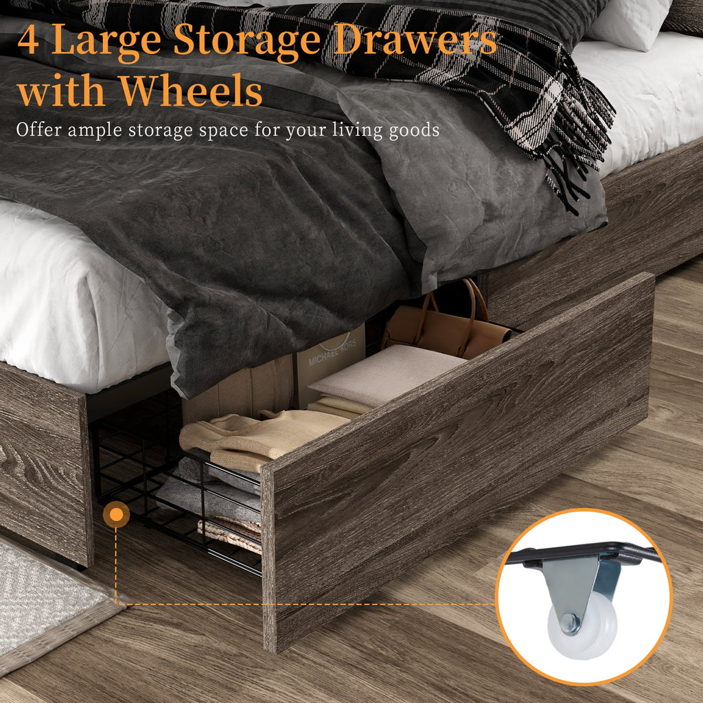 Queen Size Wooden Bed Frame with 4 Drawers T9281