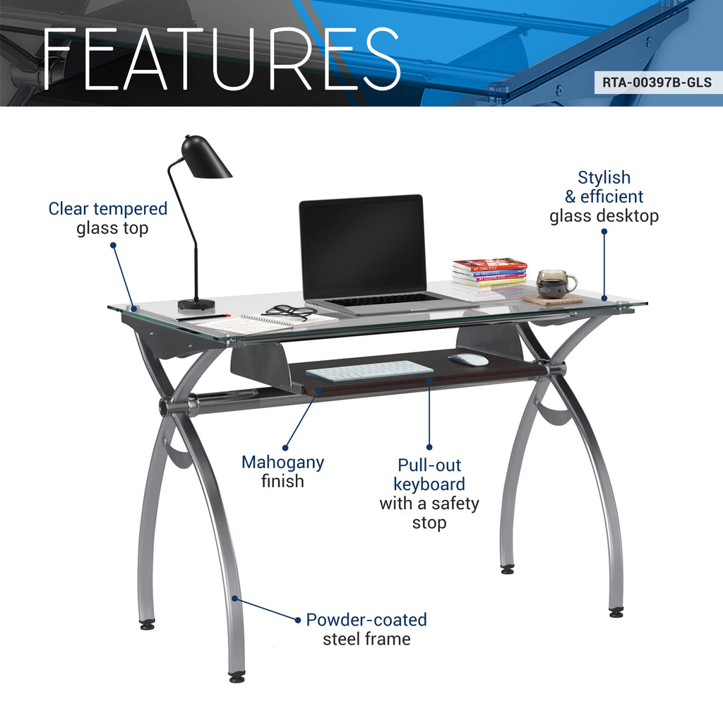 Glass Top Computer Desk with Keyboard Tray & Silver Legs H246