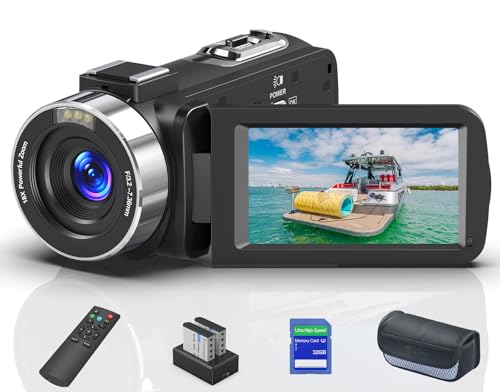 64MP 18X Digital Camcorder with 3.0 inch Flip Screen, 32GB SD Card, Two Batteries and External Mic V606