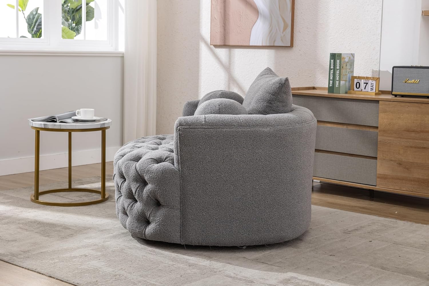 Oversized Chenille Tufted Accent Barrel Chair with 3 Pillows B563569