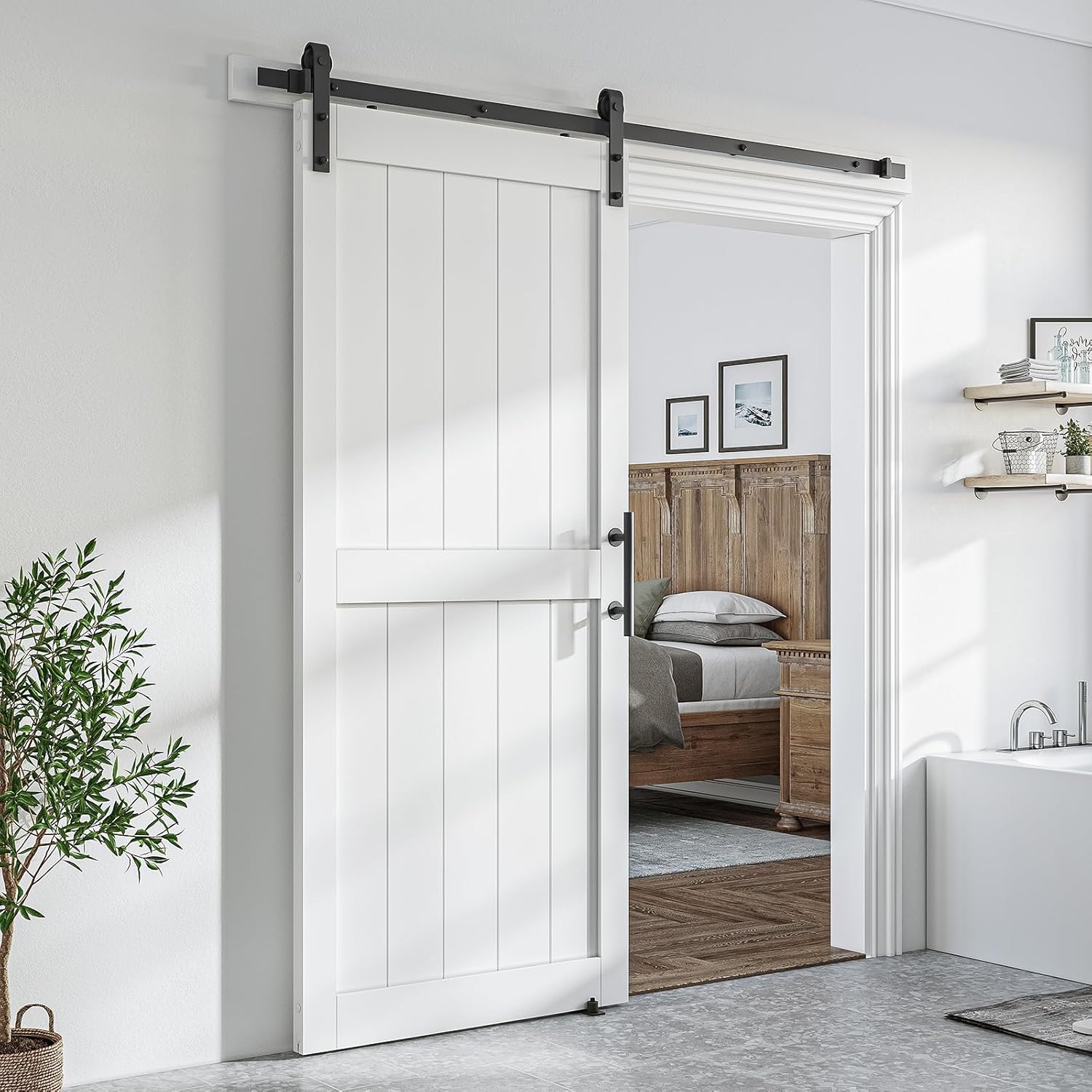 White Sliding MDF Barn Door with Black Sliding Door Hardware Kit Q7512