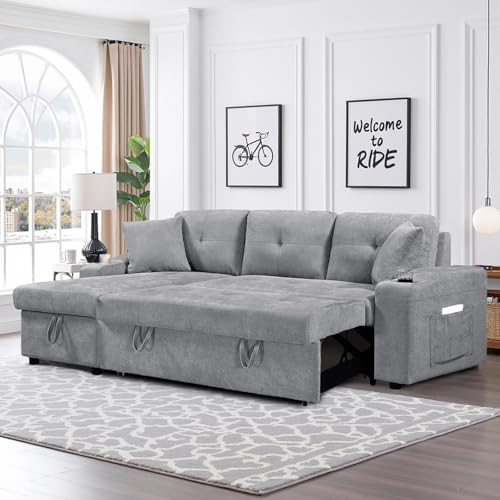 92" Reversible Sleeper Sectional Sofa with Storage Chaise, Light Gray Linen Fabric W176