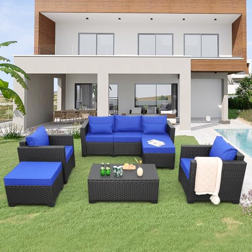 6 Piece HDPE Wicker Patio Conversation Sofa Set with Grey Cushions N65525