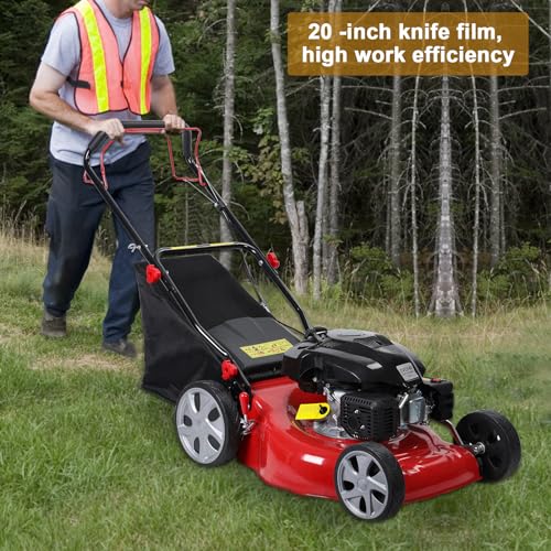 20-Inch Gas Push Lawn Mower, 141CC 4-Cycle Engine, Self Propelled, Side Discharge, High Rear Wheels, 7-Position Single Wheel Height Adjustment (Red) R615