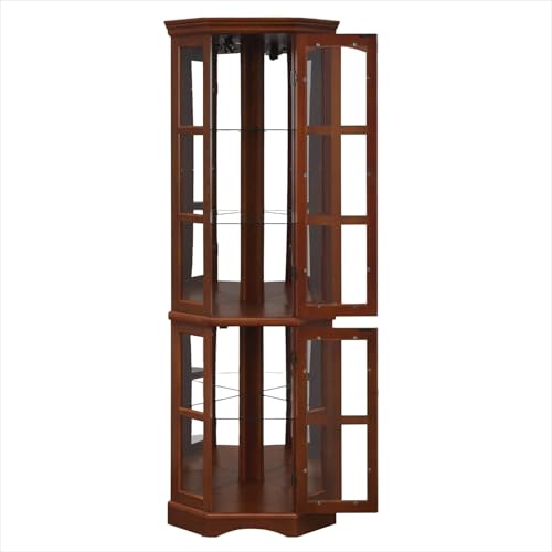 Lighted Corner Curio Cabinet with 4 Adjustable Shelves, Mirrored Back Panel, 4 Tempered Doors, 23.75"×11.75"×70", Cherry H9100