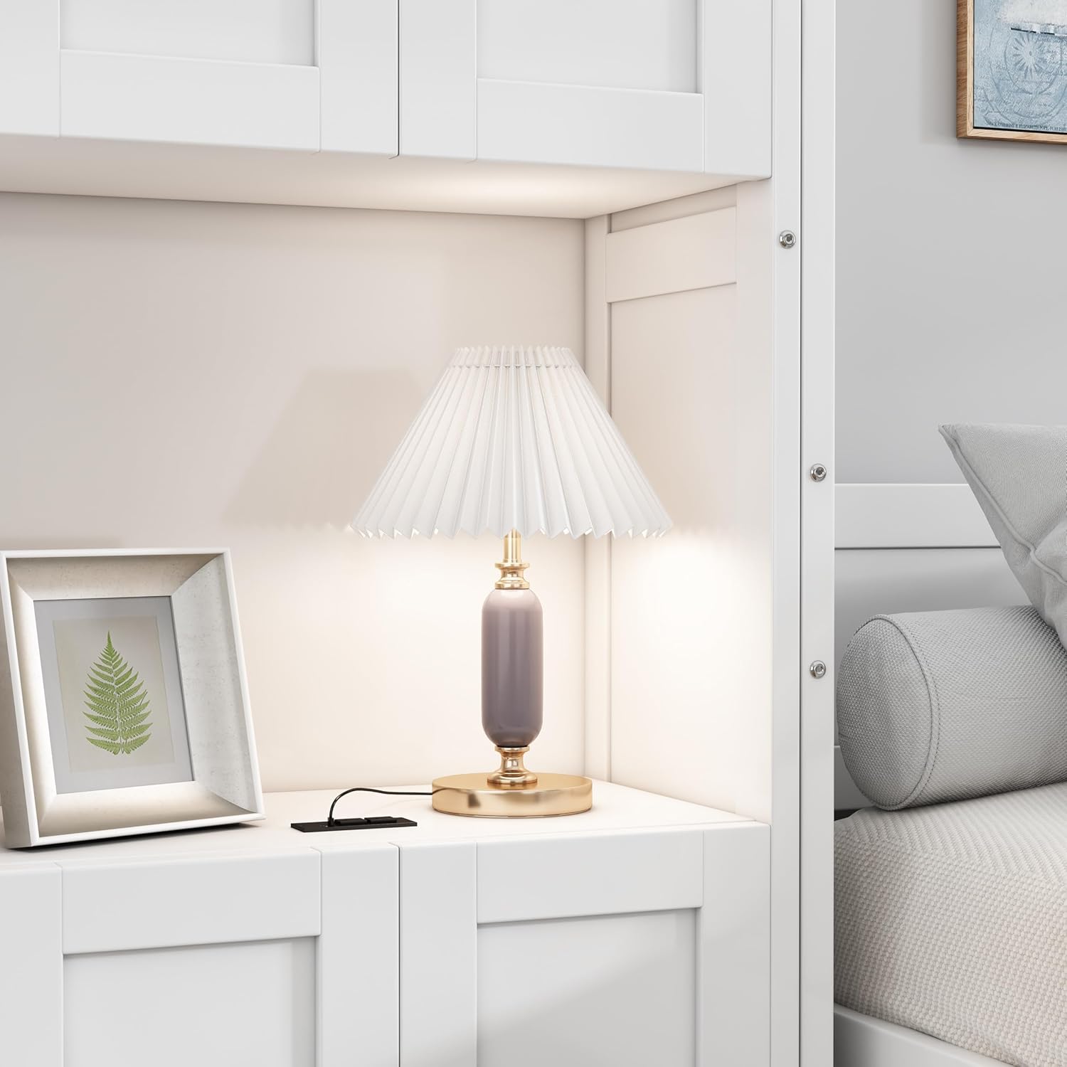 White Full Size Wooden Murphy Bed with Desk and Side Cabinet Storage Shelf G7963