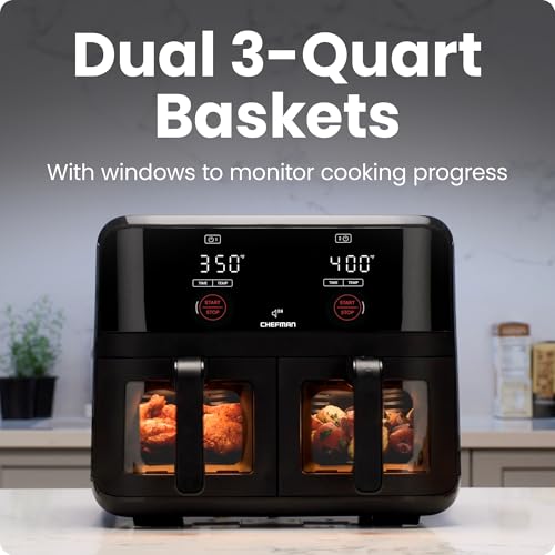 6 Quart Dual Basket Air Fryer Oven with Easy View Windows, Nonstick Frying Baskets - Black A1468