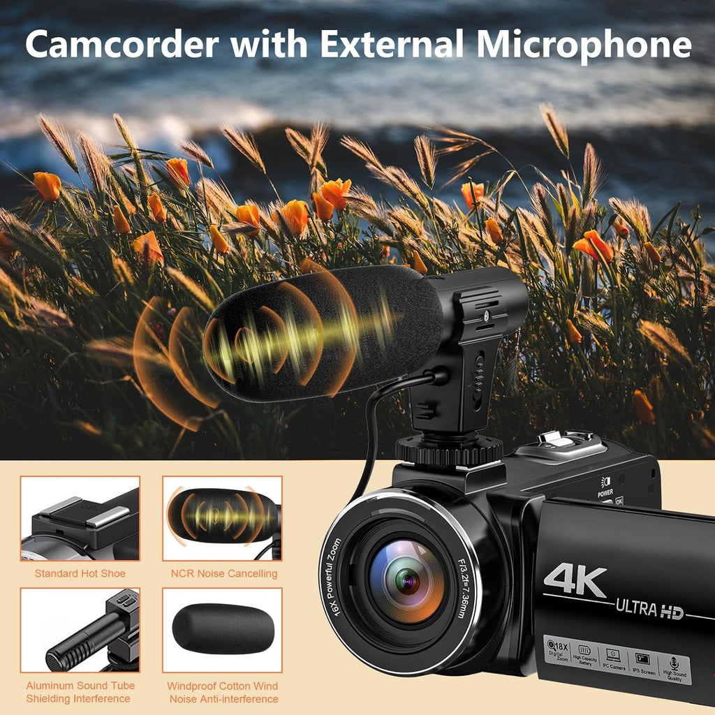 4K 44MP 18X Digital Zoom Camcorder with External Mic V259