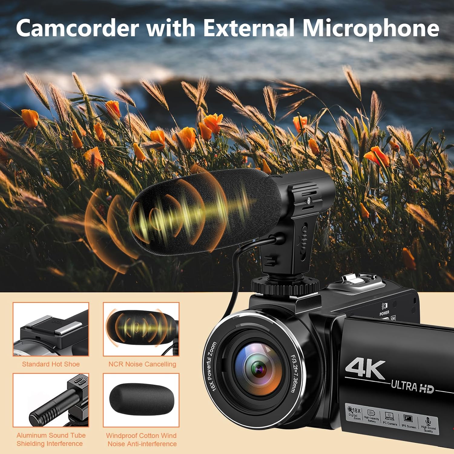 4K 44MP 18X Digital Zoom Camcorder with External Mic V259