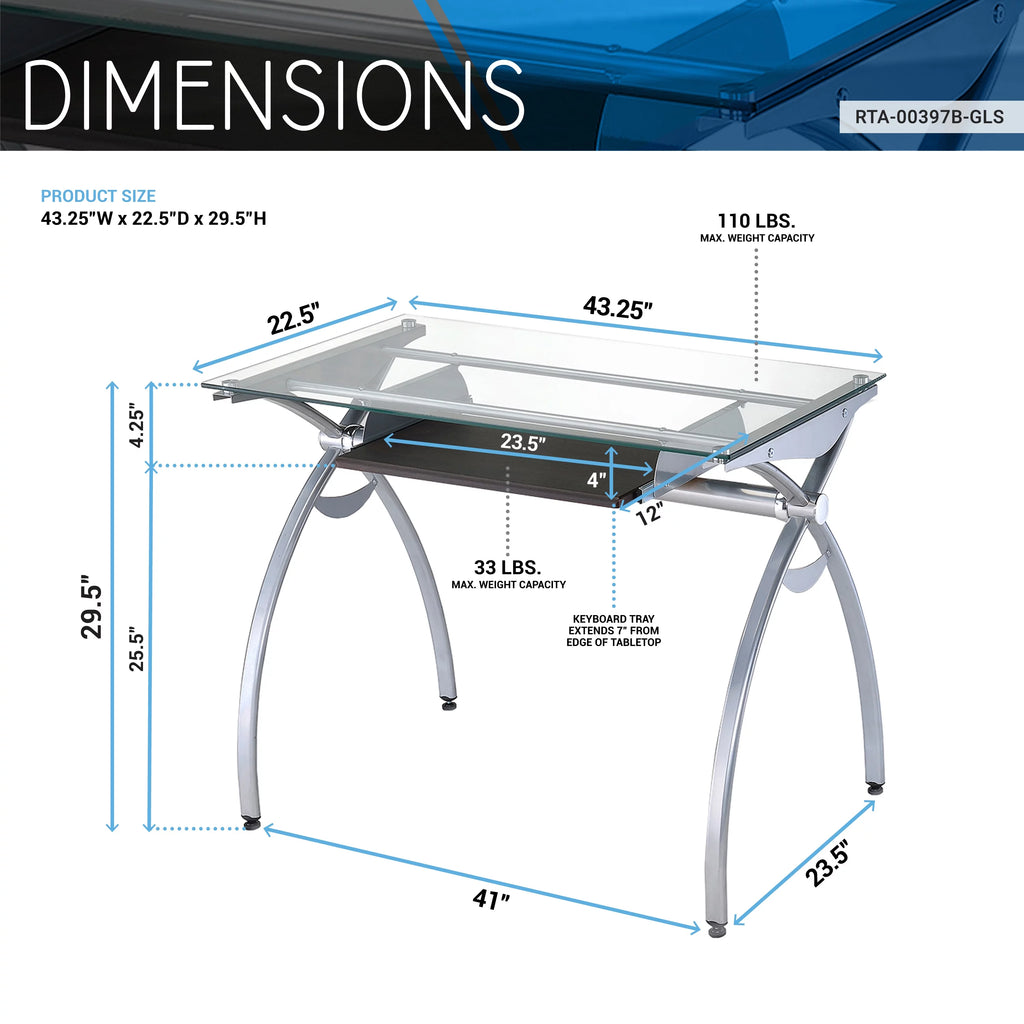 Glass Top Computer Desk with Keyboard Tray & Silver Legs H246