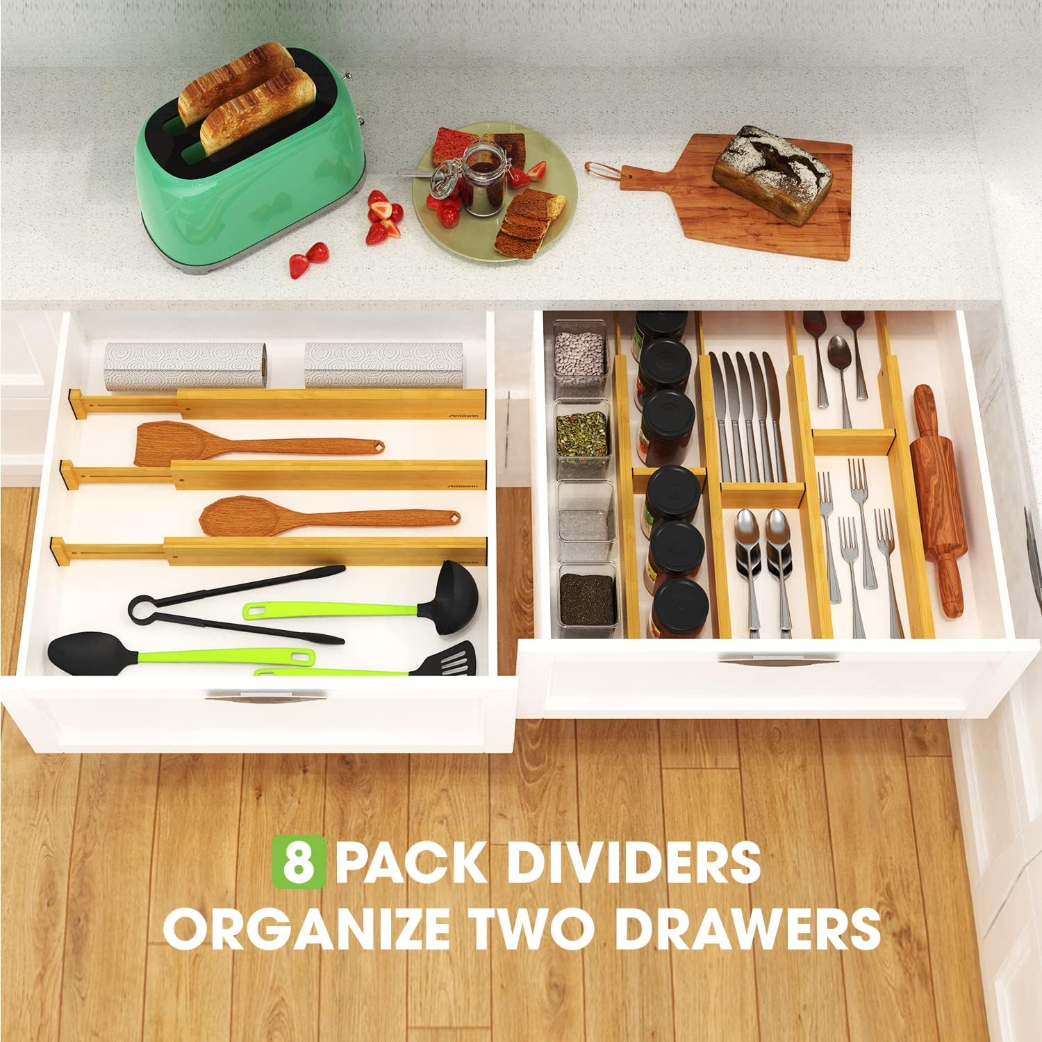 Bamboo Drawer Dividers Organizers 16pcs, Expandable Drawer Separators, 17-22 inches Adjustable M22126