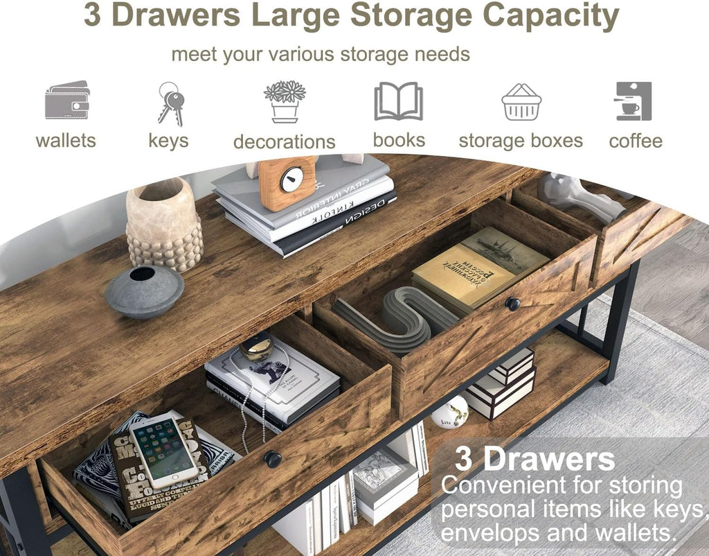 Rustic Brown 55 inch Wood Metal 3 Drawer Console Table K962