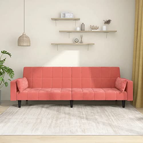 Pink Velvet 2-Seater Sofa Bed with Two Pillows N425