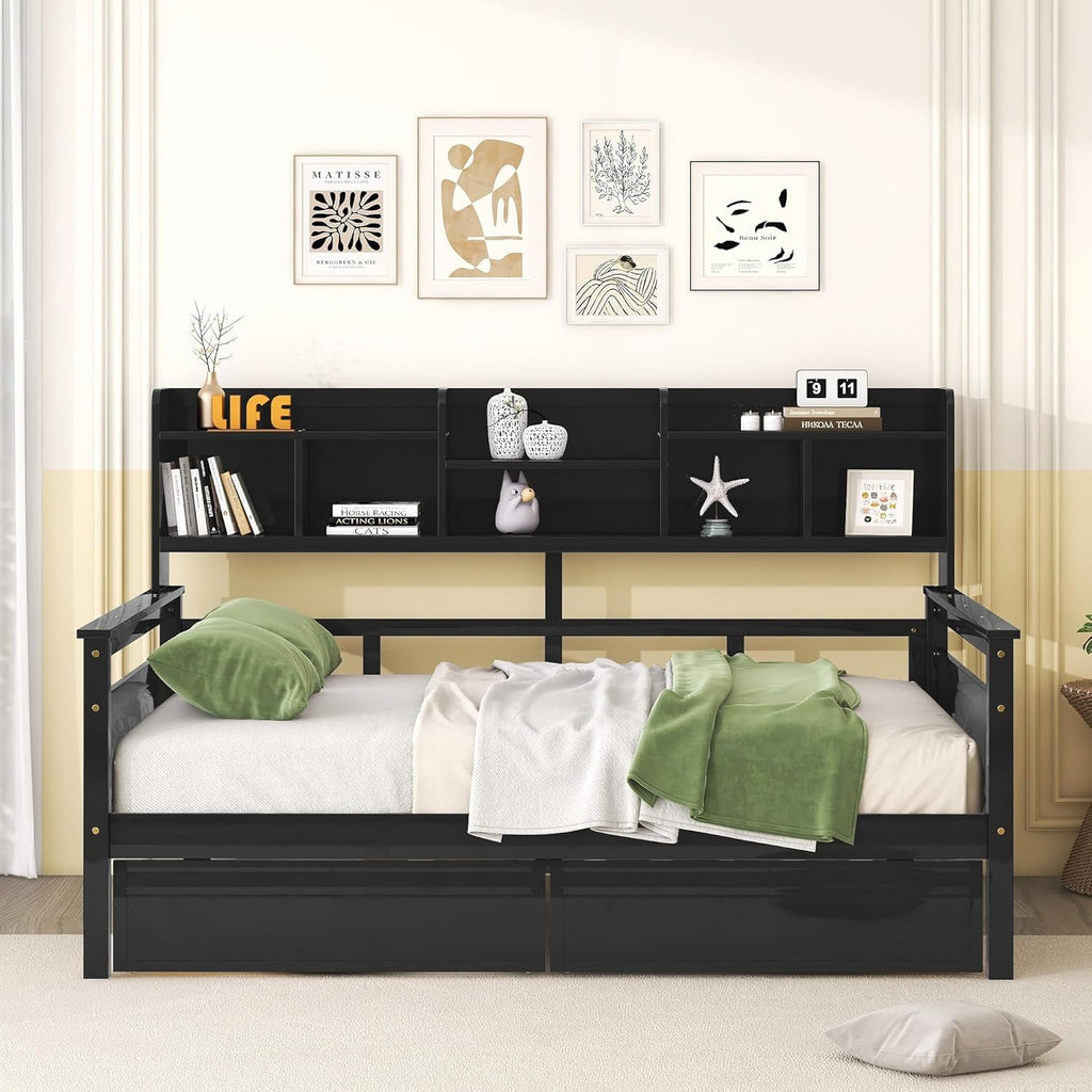 Espresso Full Size Wood Daybed with 2 Storage Drawers L8018