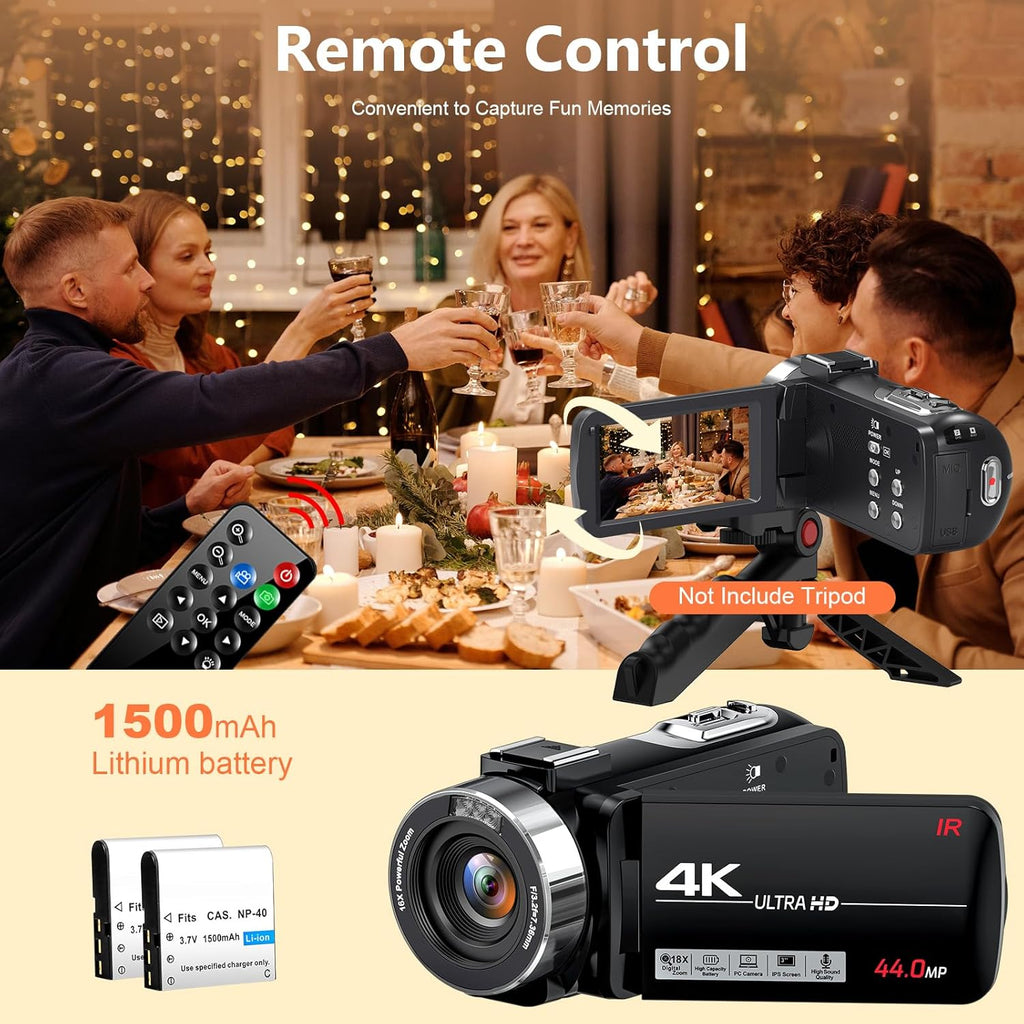 4K 44MP 18X Digital Zoom Camcorder with External Mic V259