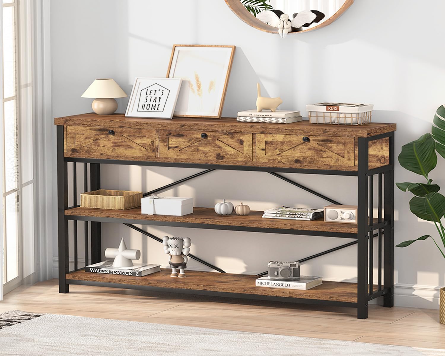 Rustic Brown 55 inch Wood Metal 3 Drawer Console Table K962