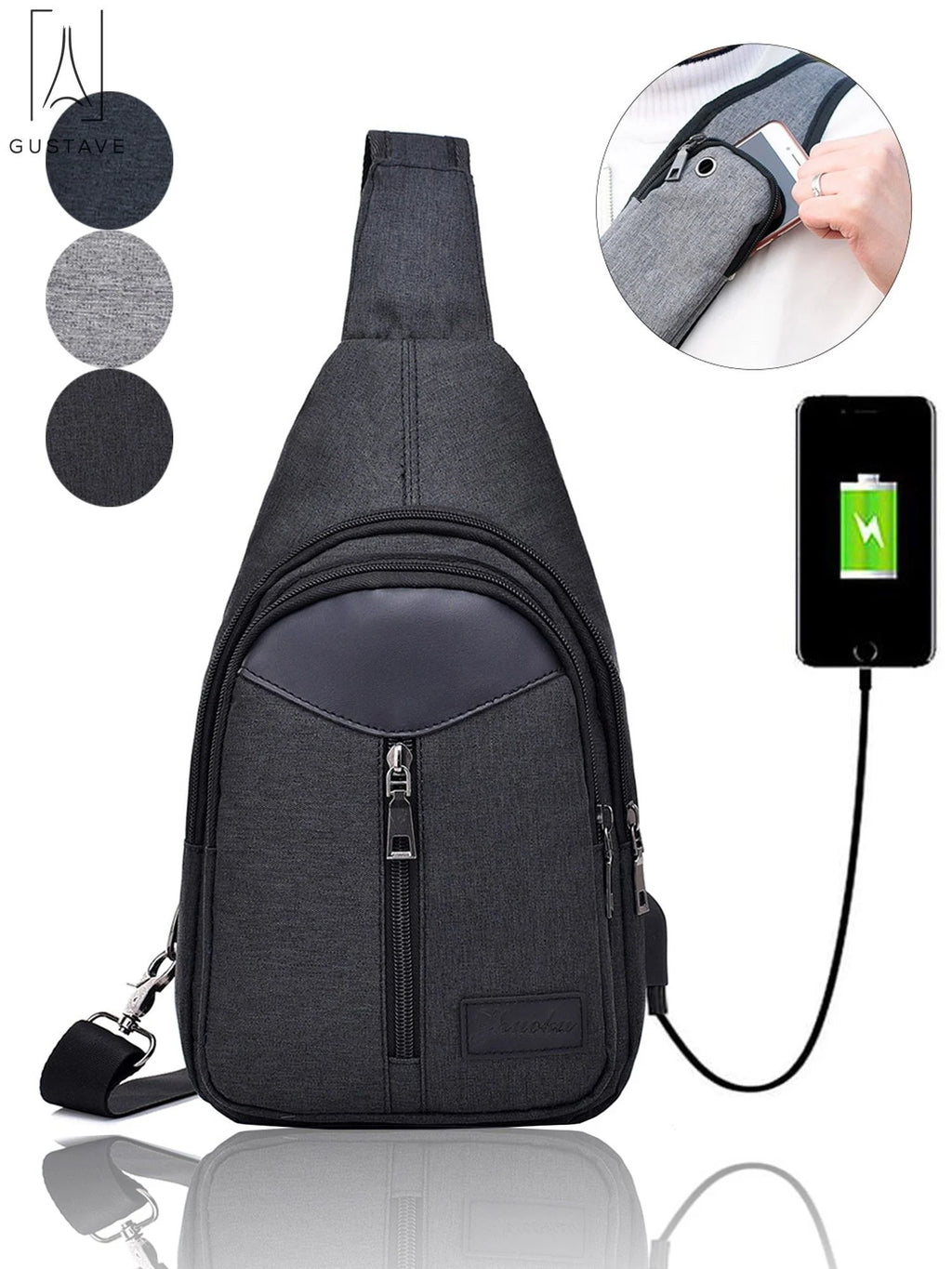Black Nylon Chest Sling Bag with USB Charge Port T502678