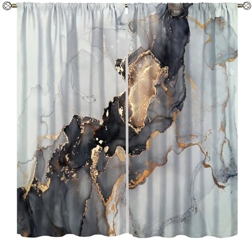 Navy Blue Gold Geometric Marble Curtains, 42x45 Inches Set 2 Panels Q53609