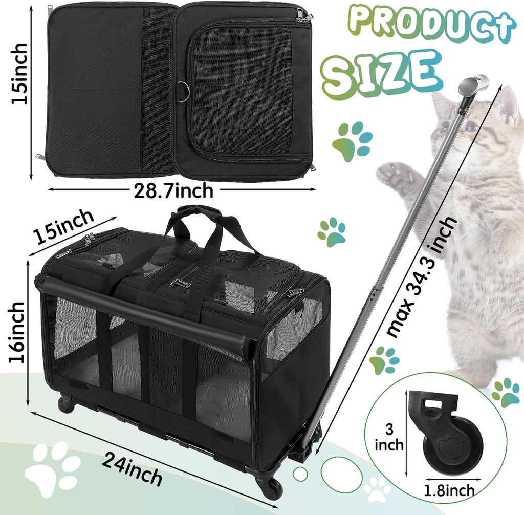 Black Large Rolling Double Compartment Pet Carrier with Wheels X70016