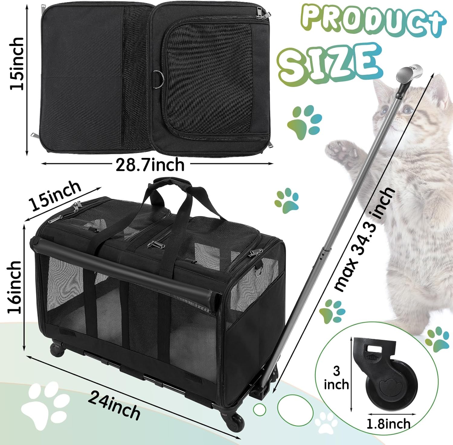 Black Large Rolling Double Compartment Pet Carrier with Wheels X70016