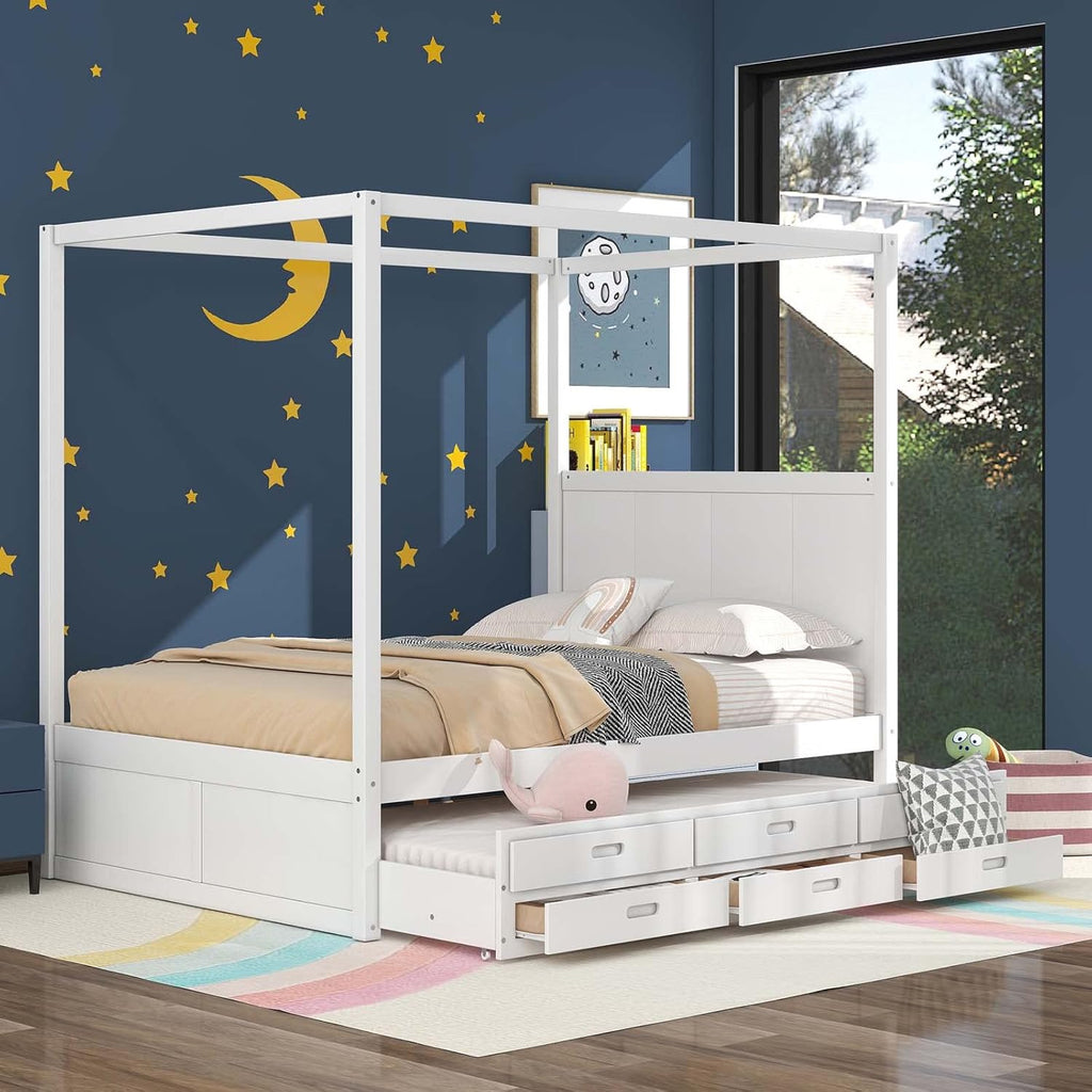 White Queen Size Wood Canopy Platform Bed with Twin Size Trundle Bed and 3 Storage Drawers Z926167