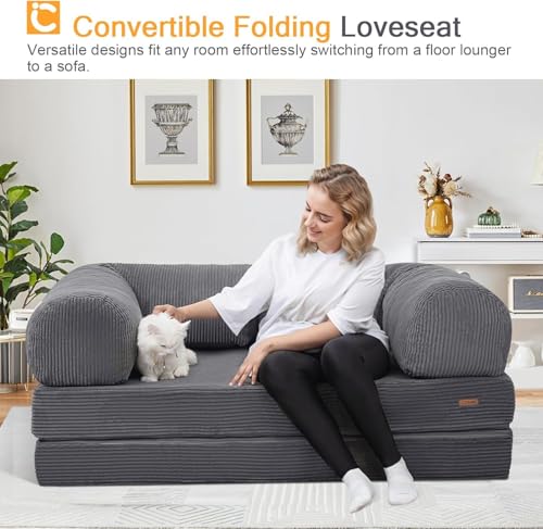 Folding Sofa Bed Corduroy Dark Grey Twin E60542