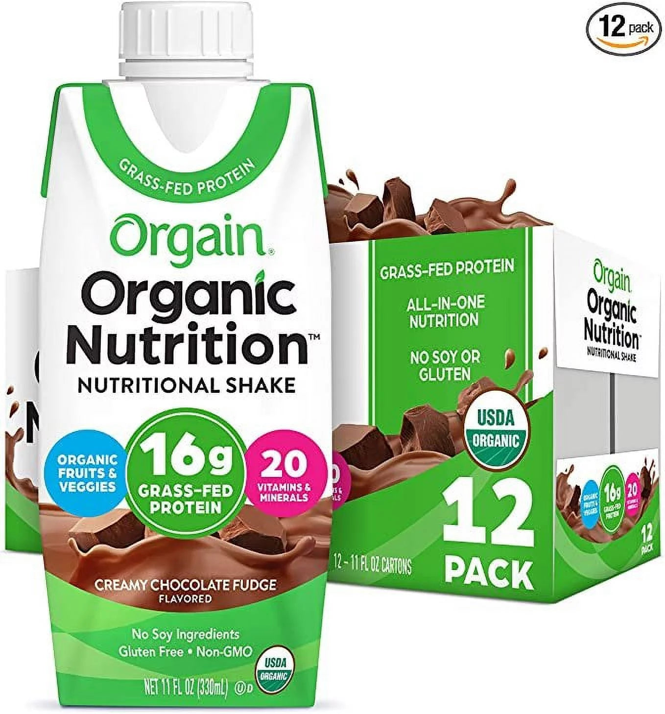 Organic Nutritional Shake, Creamy Chocolate Fudge, 16g Whey Protein, 11 Fl Oz, Pack of 12 Y93012