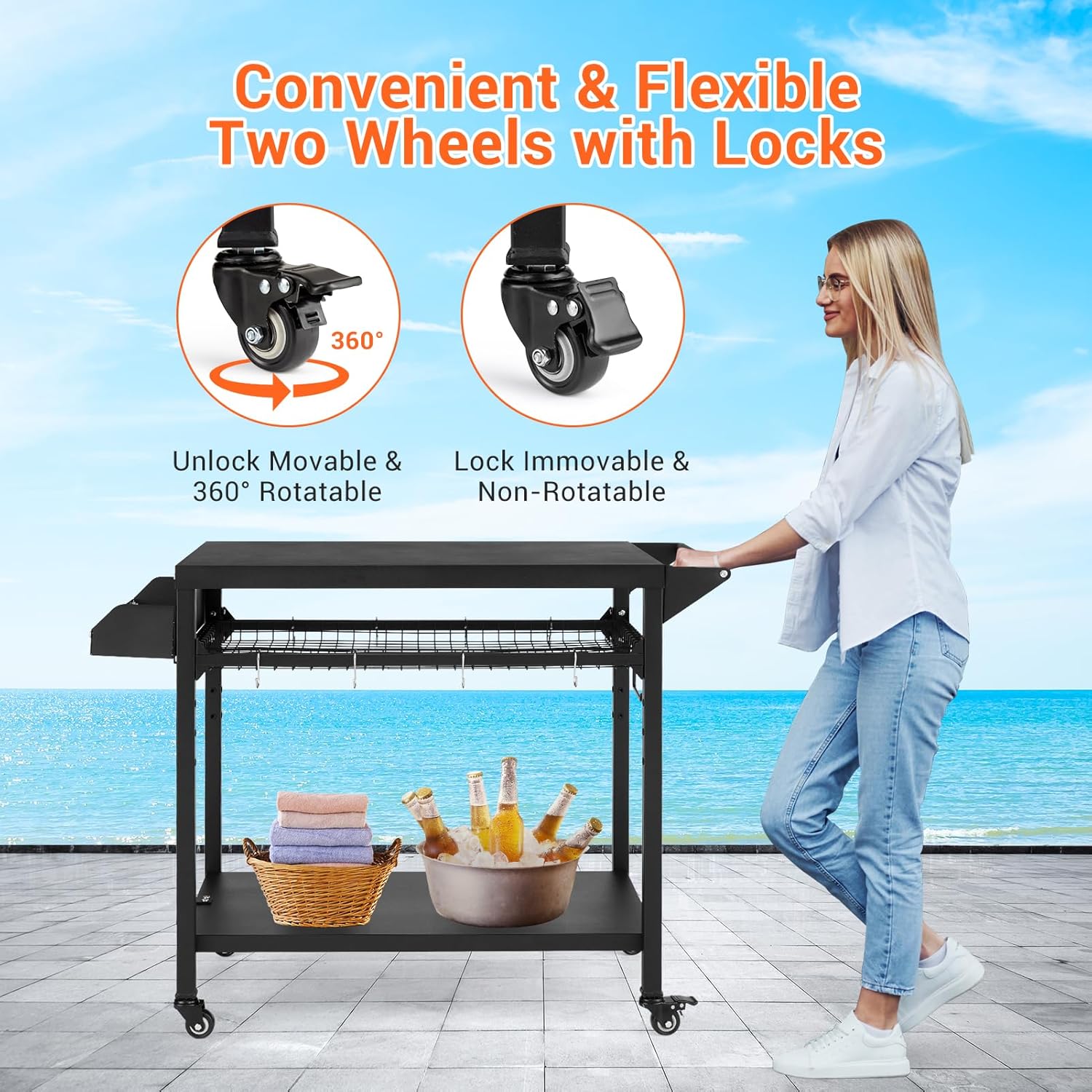 Black Outdoor Grill Cart with Mesh Racks H640