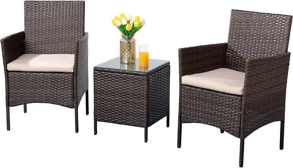 3 Pieces Outdoor Patio Furniture Set with Cushions and Coffee Table Brown C379