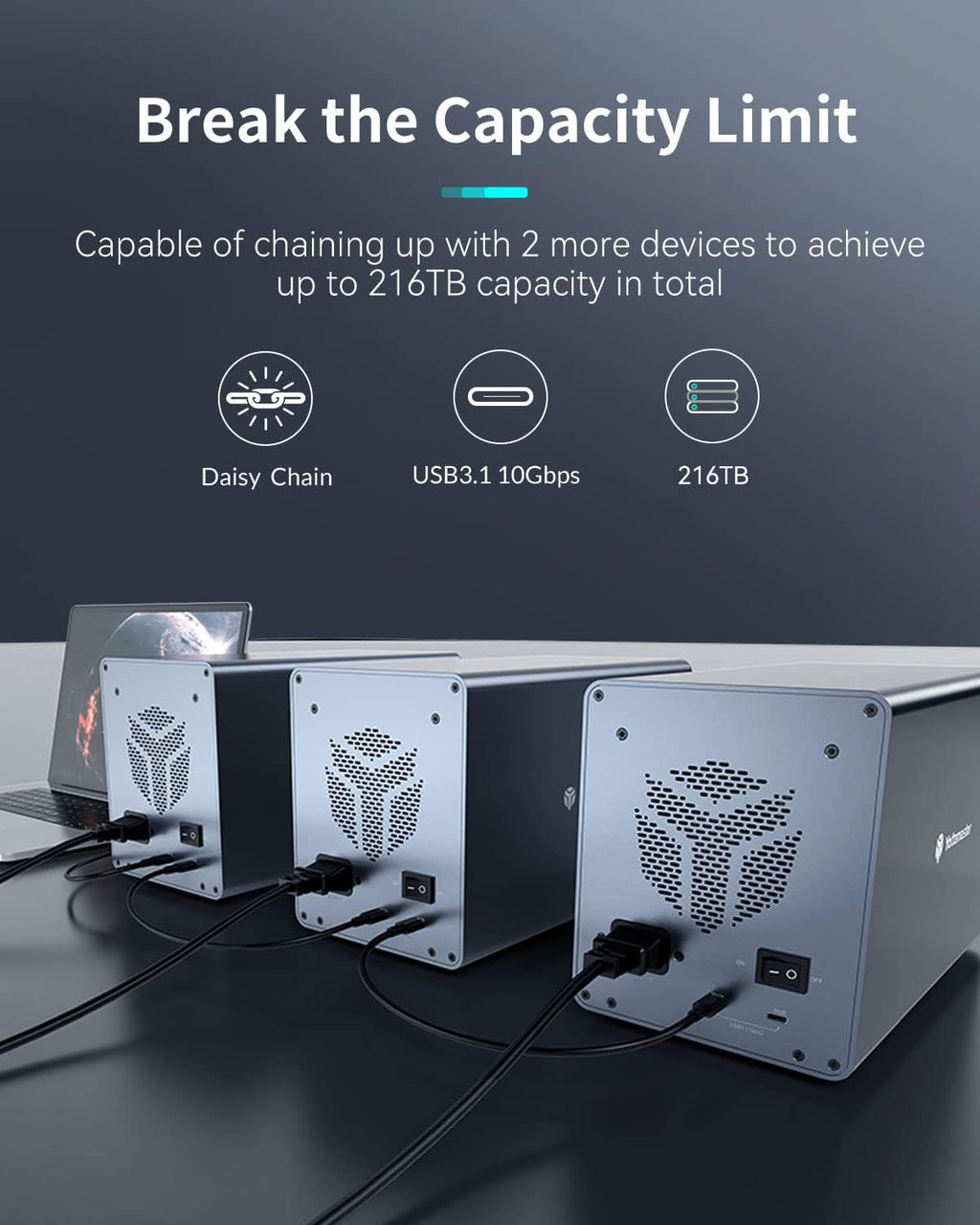 4 Bay Hard Drive Enclosure Aluminum Alloy USB3.0 to SATA3.0 External HDD SSD Storage Enclosure V5408