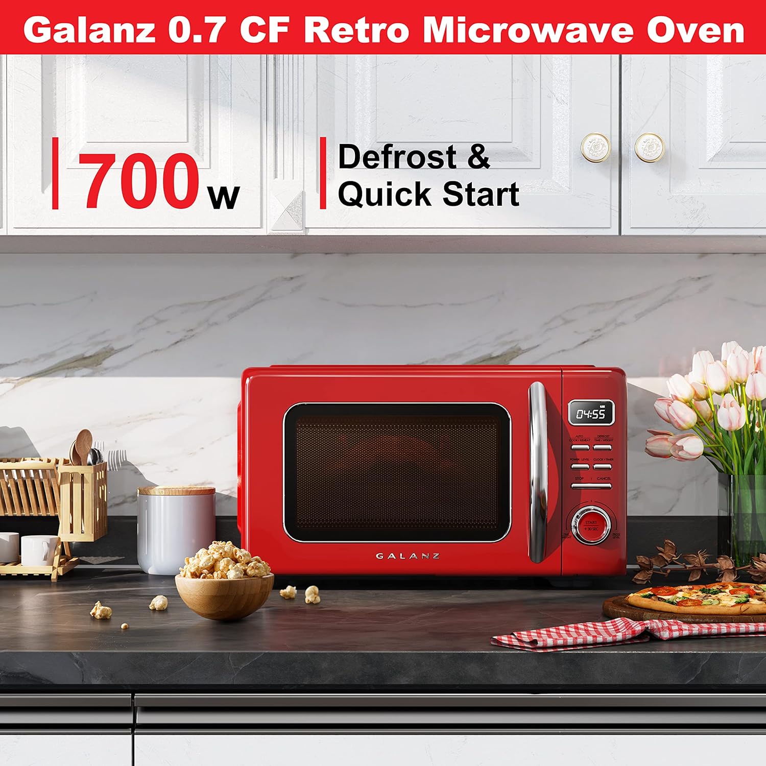 Retro Compact Refrigerator, Mini Fridge, Red, 2.5 Cu Ft & Retro Countertop Microwave Oven J599