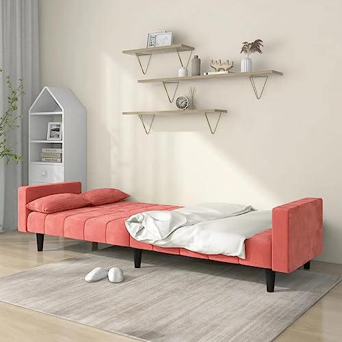 Pink Velvet 2-Seater Sofa Bed with Two Pillows N425