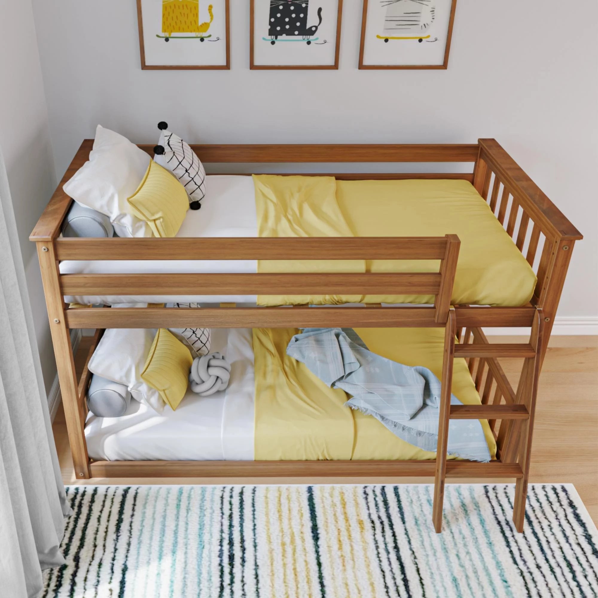 Twin over Twin Solid Wood Low Bunk Bed with Ladder, Pecan Z524569