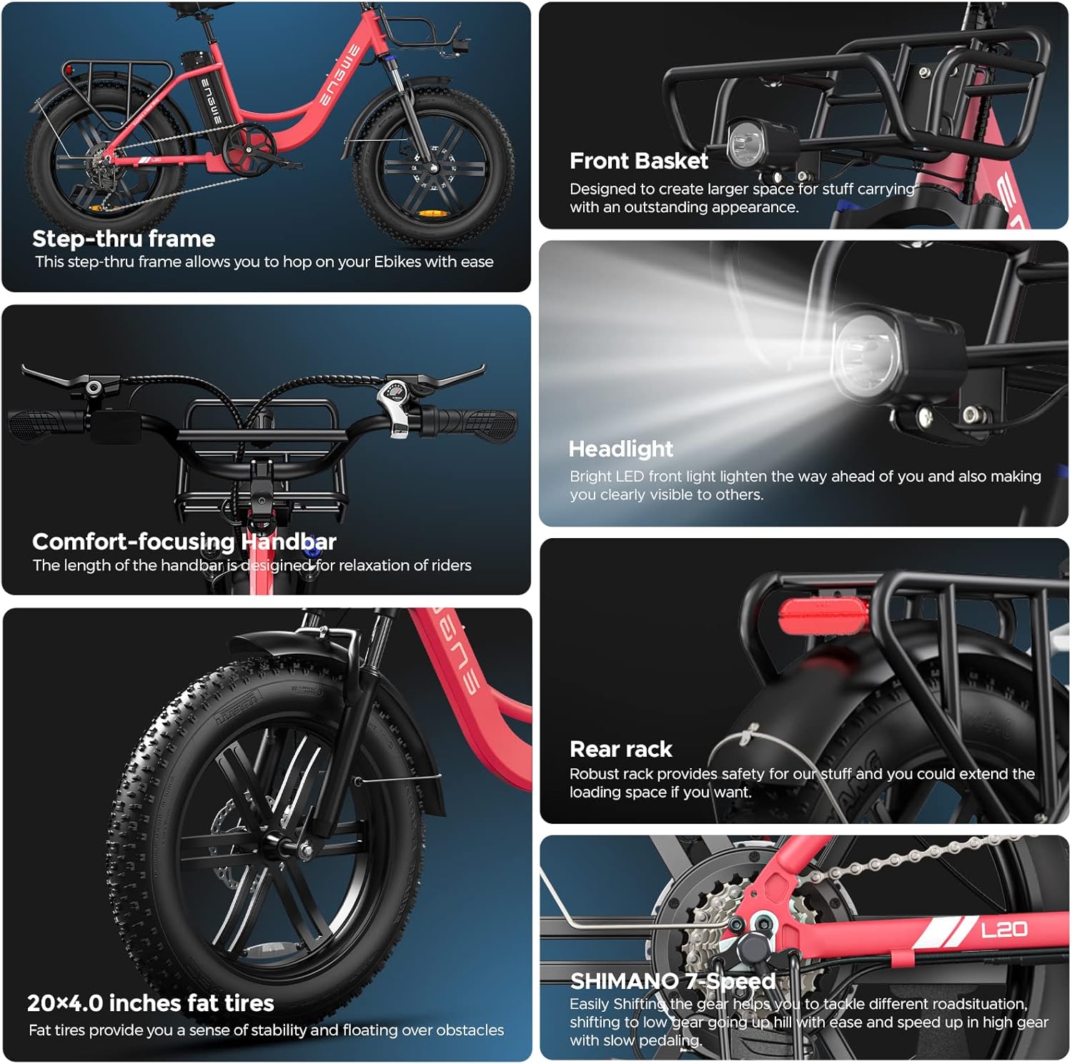 Electric Bike with 20 * 4.0" Fat Tire, 48V13Ah Battery, 7-Speed Gear, Front Suspension (Black) G92900