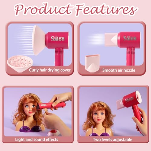 21Pcs Girls Hair Salon Toys with Barber Apron, Hair Dryer, Mirror, Scissors and Styling Accessories B22936