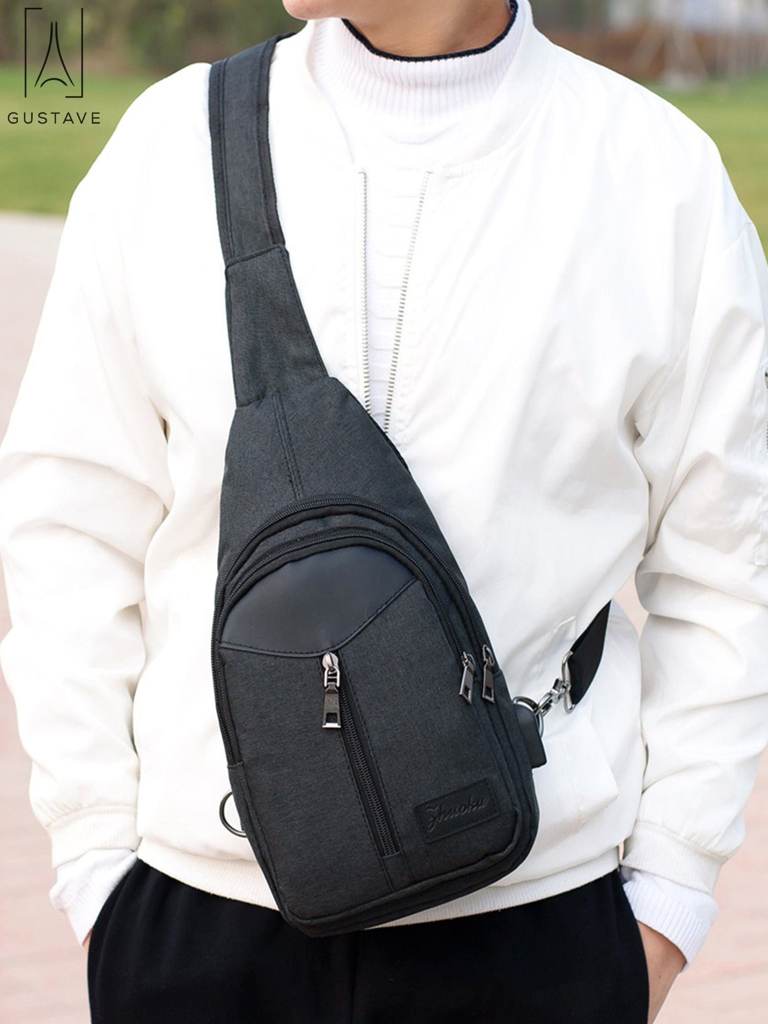 Black Nylon Chest Sling Bag with USB Charge Port T502678